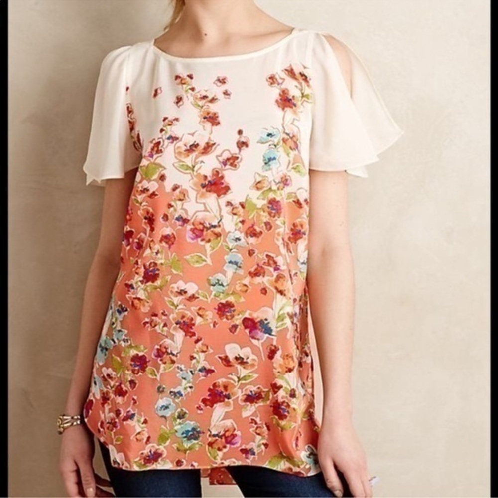 MAEVE Anthropologie Silk Floral Top Split Sleeve Blouse Size S